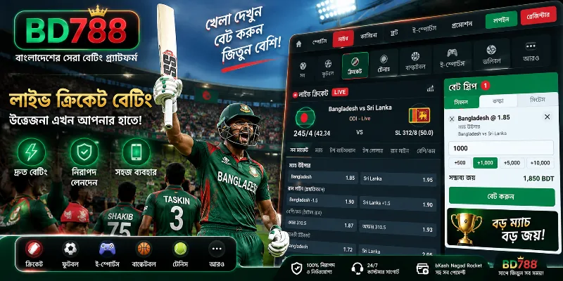 BD788 স্পোর্টসবুক ইন্টারফেসে bKash পেমেন্ট এবং BPL ও IPL লাইভ ক্রিকেট বেটিং অপশন।
