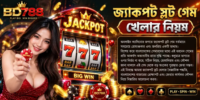 একটি ডিজিটাল ক্যাসিনো স্ক্রিনে জ্যাকপট স্লট গেমের নিয়ম, মেকানিজম এবং জেতার কৌশল প্রদর্শিত হচ্ছে, যা বাংলাদেশী গেমারদের জন্য তৈরি।